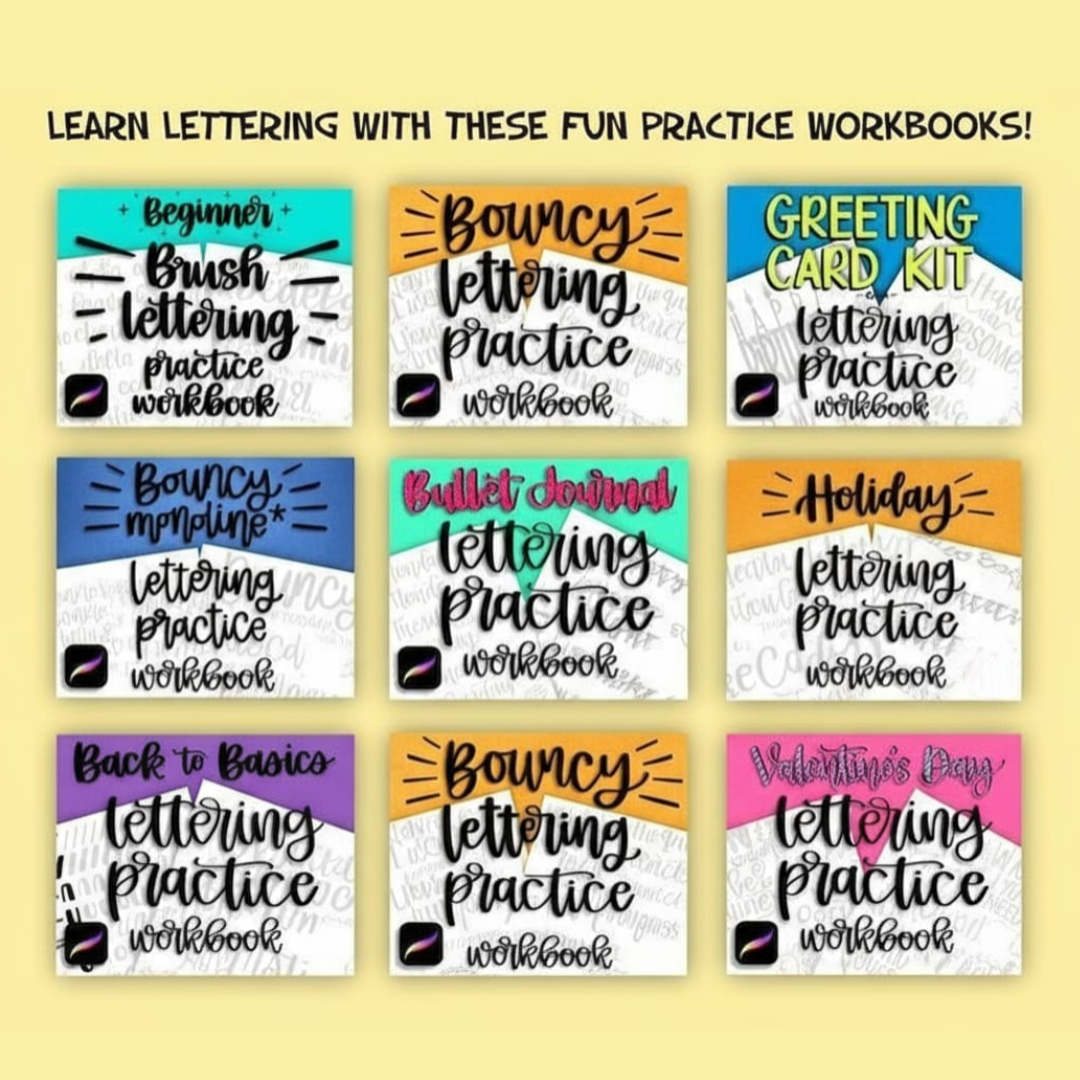 20 Lettering Practice Worksheets, 10 Procreate Brushes, Learn Brush Lettering, Modern Calligraphy, Lettering Workbook for Procreate or Print