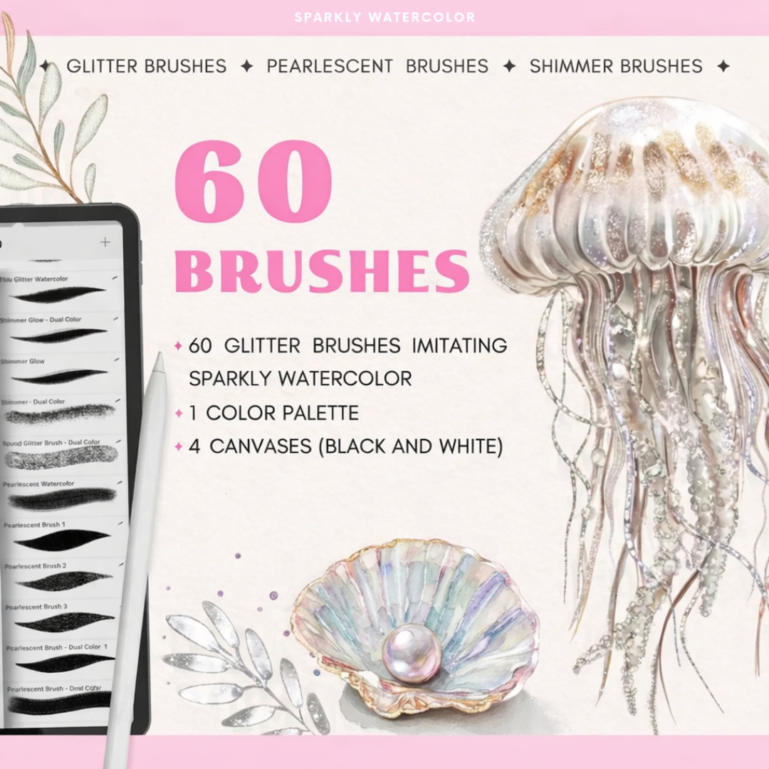 Glitter Watercolor Brushes for Procreate, 56 Brushes, Shimmer, Sparkly, Mettalic, Realistic Textures
