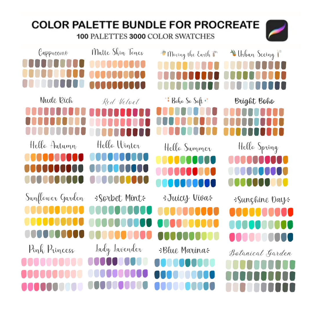Procreate Color Palette Bundle, Color Swatches Pack, Procreate Color Bundle, 100 iPad Color Palettes, Procreate Color Set, Procreate Brushes