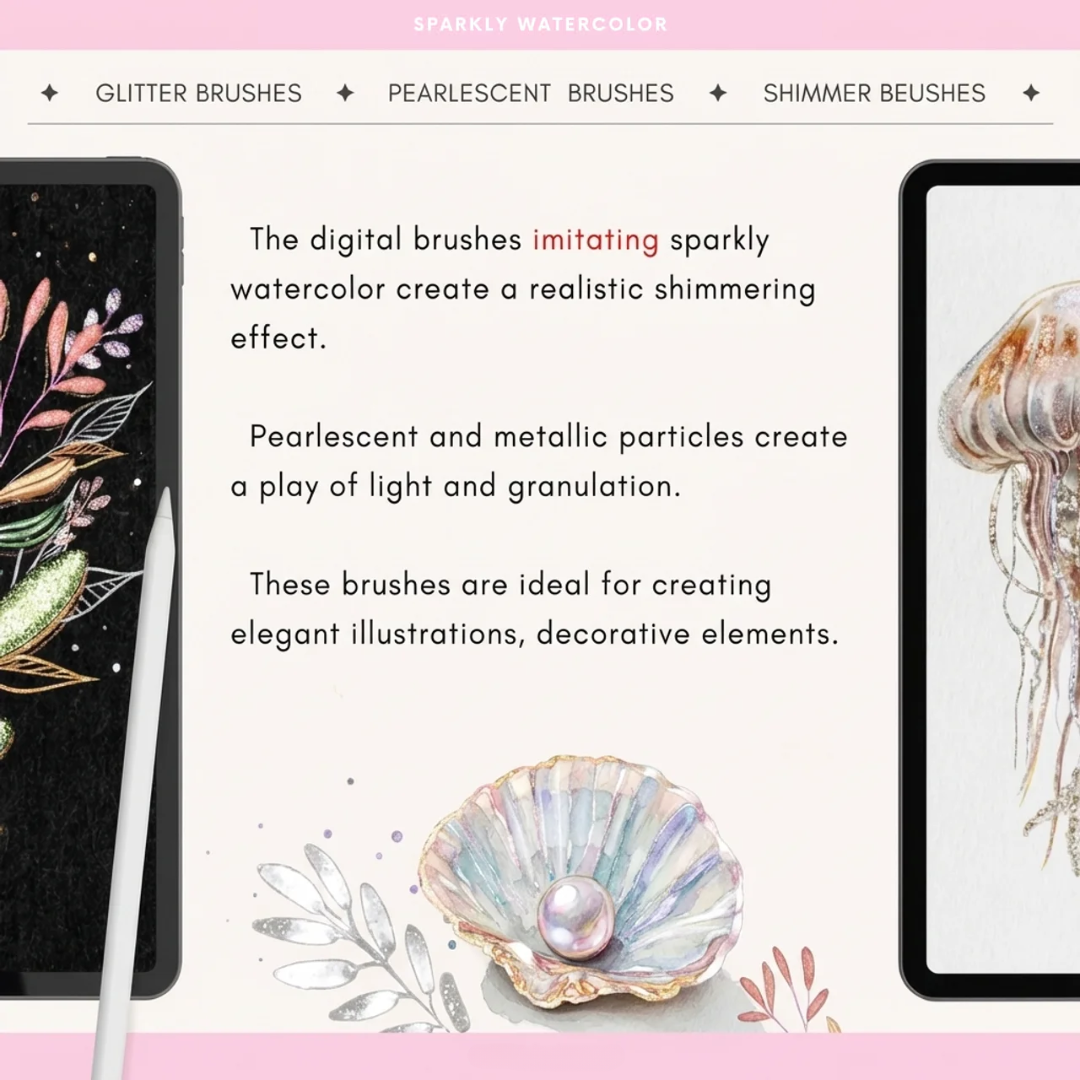 Glitter Watercolor Brushes for Procreate, 56 Brushes, Shimmer, Sparkly, Mettalic, Realistic Textures