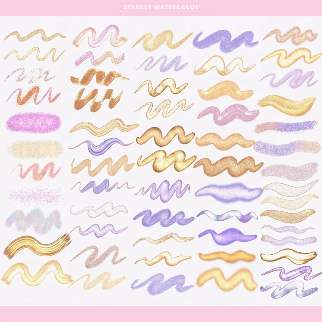 Glitter Watercolor Brushes for Procreate, 56 Brushes, Shimmer, Sparkly, Mettalic, Realistic Textures