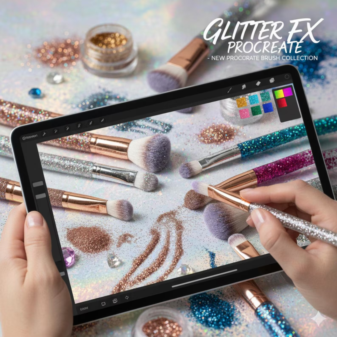 41 Glitter & Sparkle Procreate Brushes | Shiny Texture Brush Set | Color Palettes | Sparkley, Glow, and Glitter Effects for creators on iPad