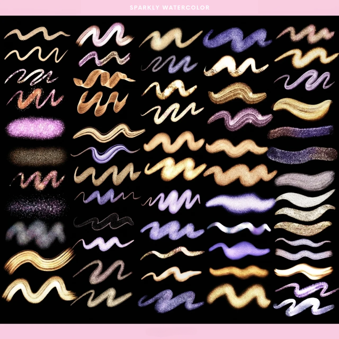 Glitter Watercolor Brushes for Procreate, 56 Brushes, Shimmer, Sparkly, Mettalic, Realistic Textures
