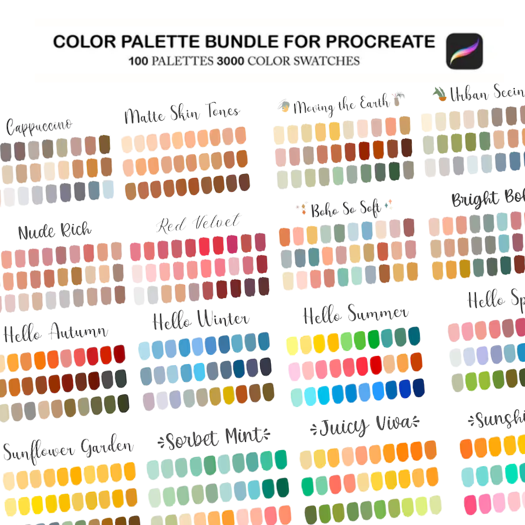 Procreate Color Palette Bundle, Color Swatches Pack, Procreate Color Bundle, 100 iPad Color Palettes, Procreate Color Set, Procreate Brushes