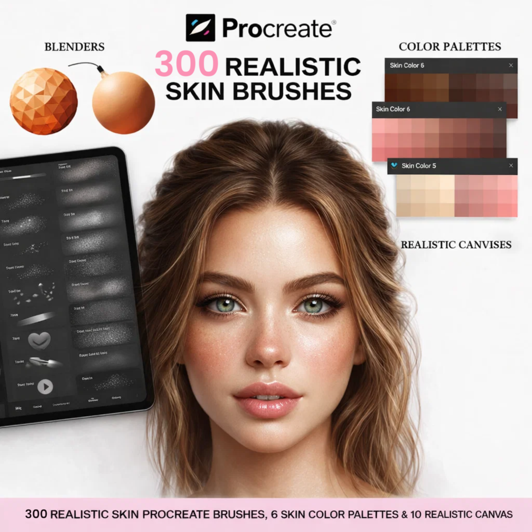 Realistic Skin Brushes & Stamps, Textures, Blending Tone Color Palette for Procreate
