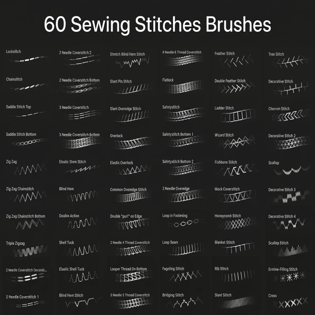 50 Sewing Stitches Brushes for Procreate, Single & Double Needle, Coverstitch, Overlock, & More