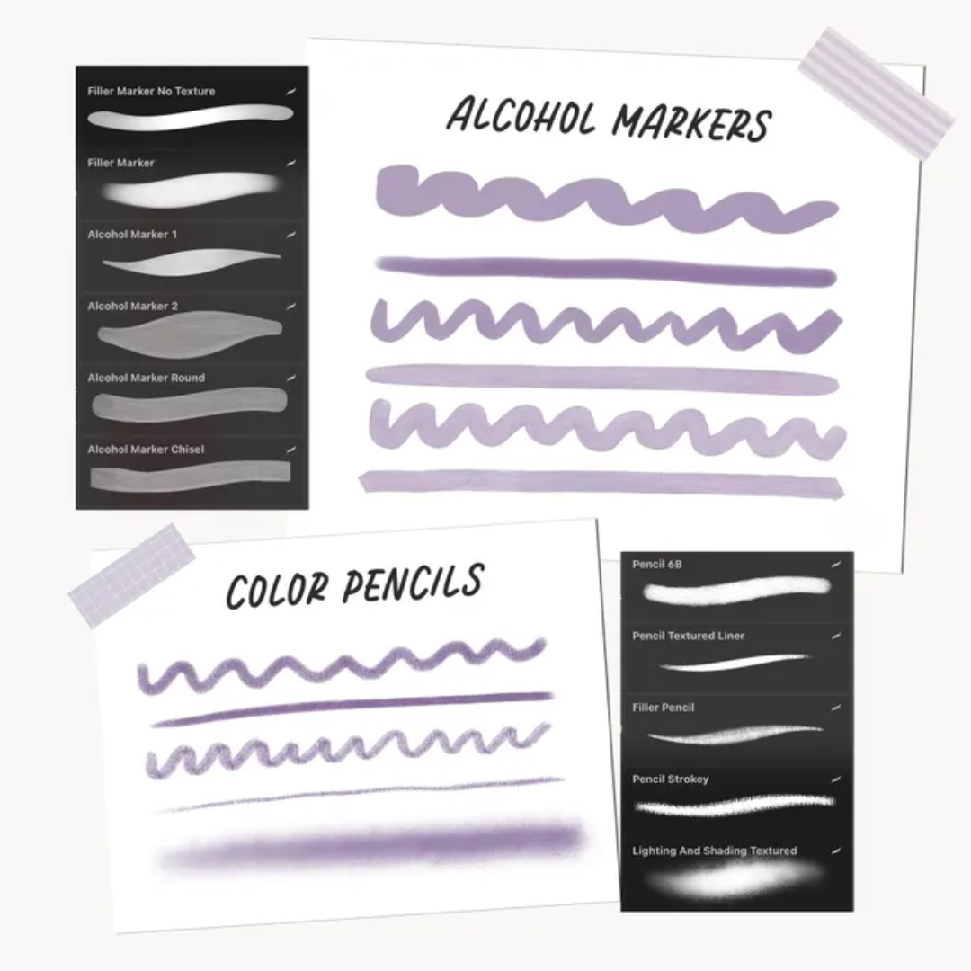 Digital Coloring Bundle: Brushes for ProCreate, Alcohol Markers, Pencils, Cute Patterns, Texture Brush Set for iPad Coloring Books and Pages