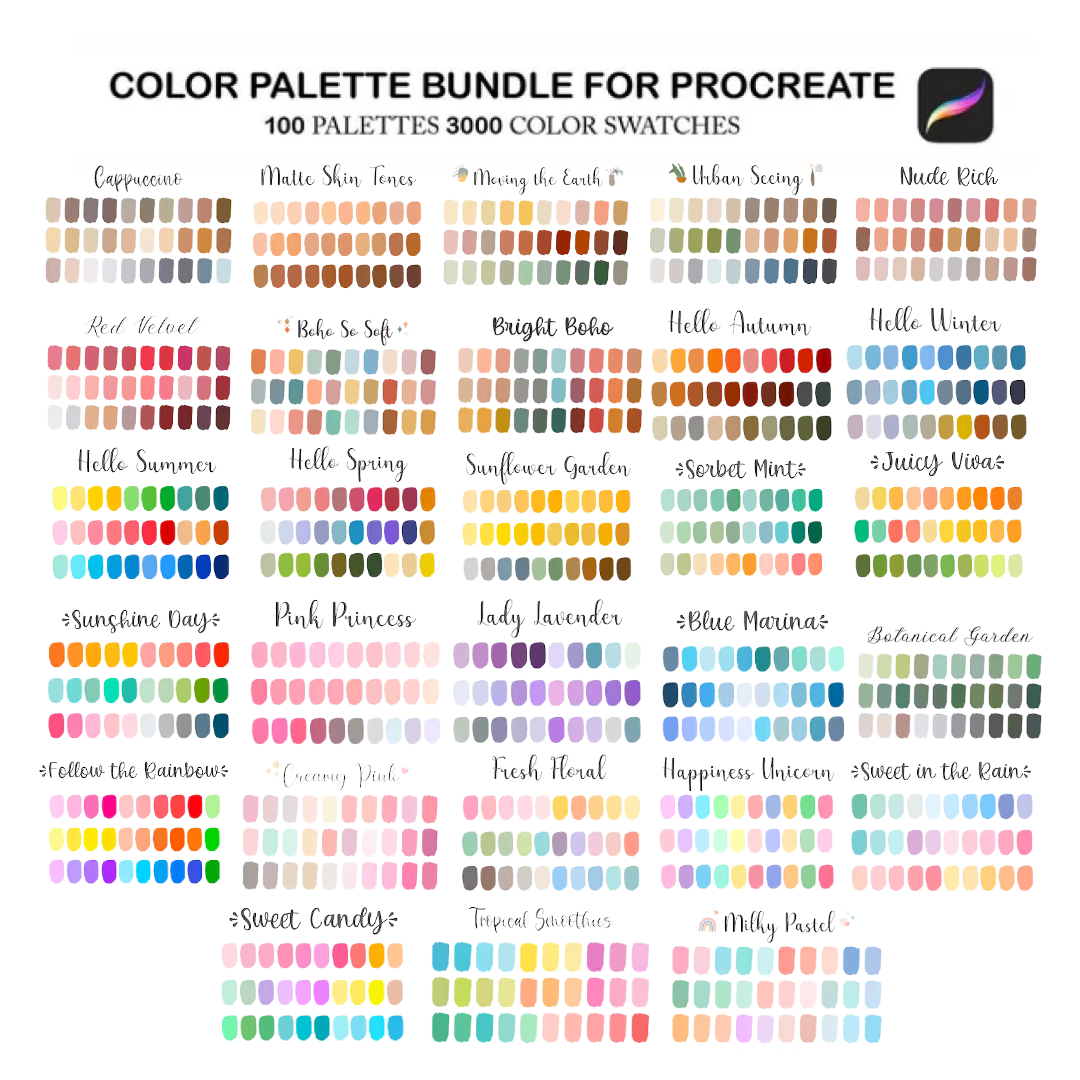 Procreate Color Palette Bundle, Color Swatches Pack, Procreate Color Bundle, 100 iPad Color Palettes, Procreate Color Set, Procreate Brushes