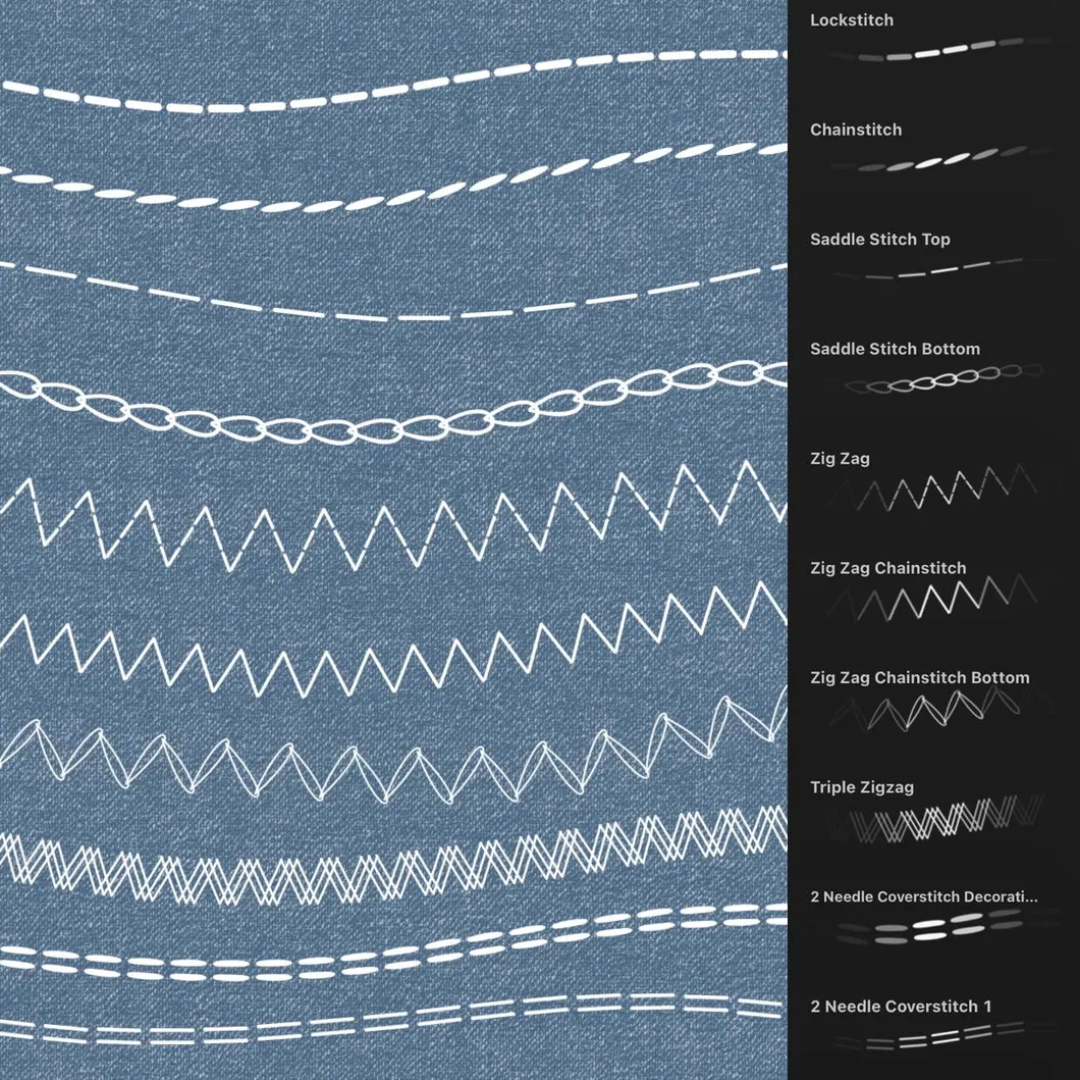 50 Sewing Stitches Brushes for Procreate, Single & Double Needle, Coverstitch, Overlock, & More