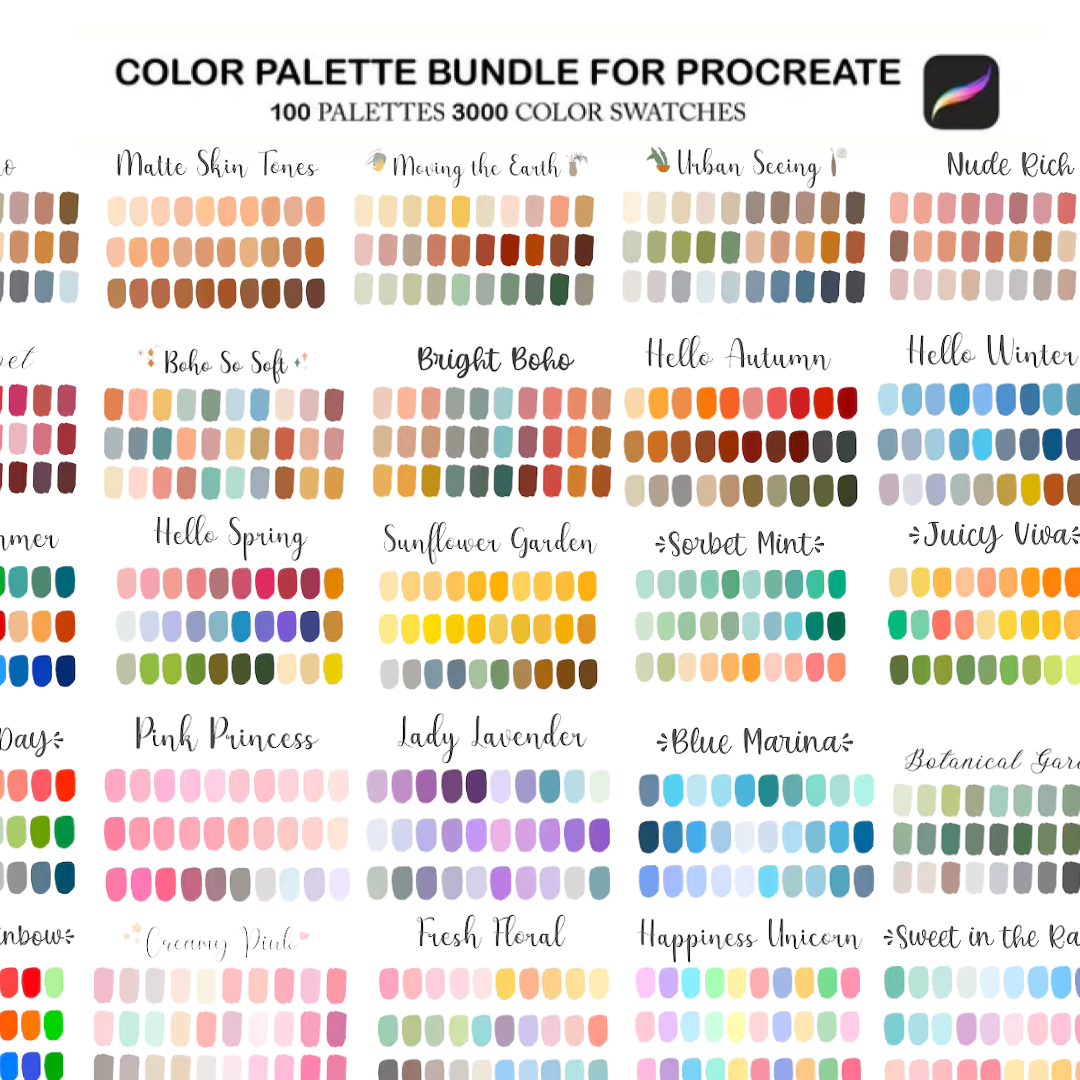Procreate Color Palette Bundle, Color Swatches Pack, Procreate Color Bundle, 100 iPad Color Palettes, Procreate Color Set, Procreate Brushes
