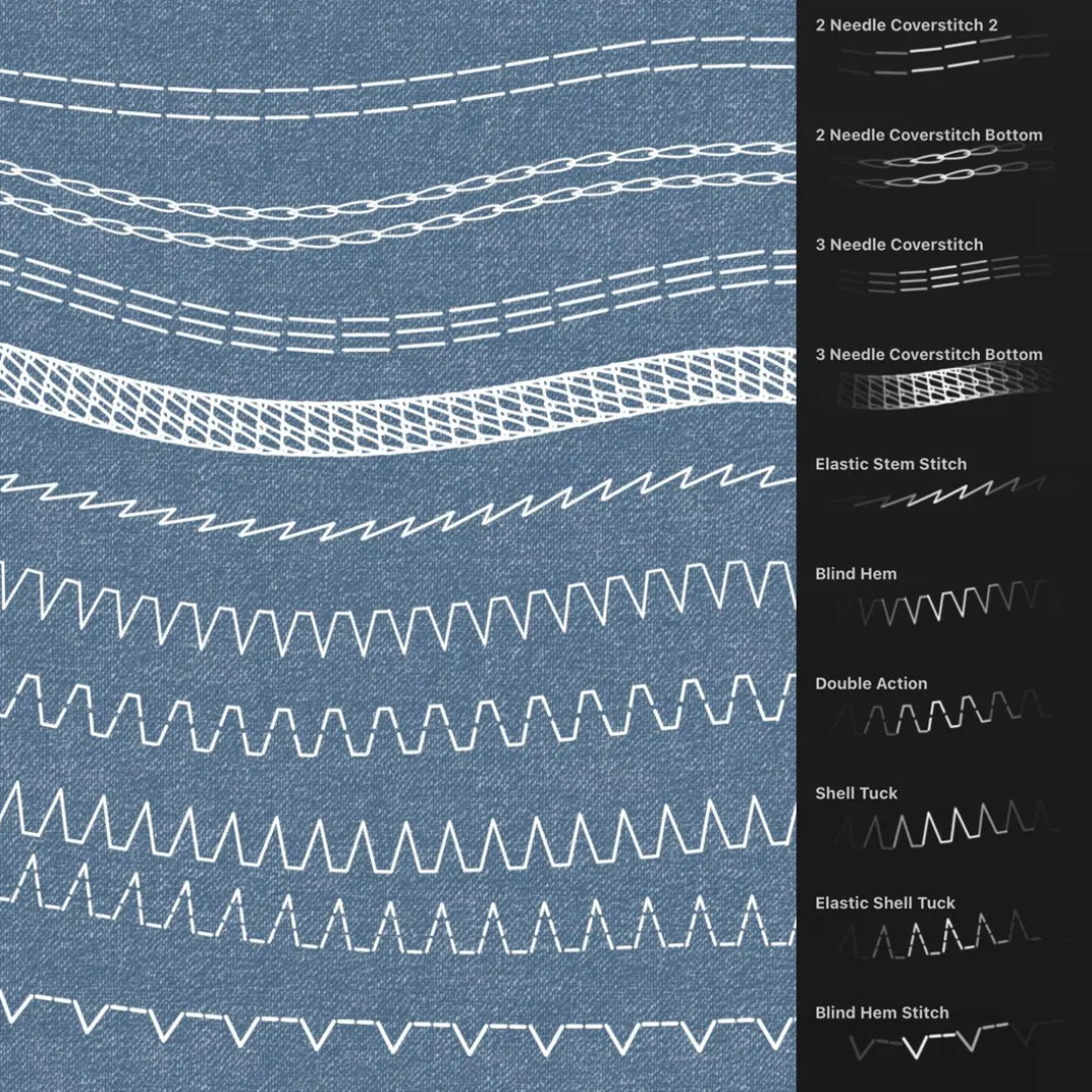 50 Sewing Stitches Brushes for Procreate, Single & Double Needle, Coverstitch, Overlock, & More