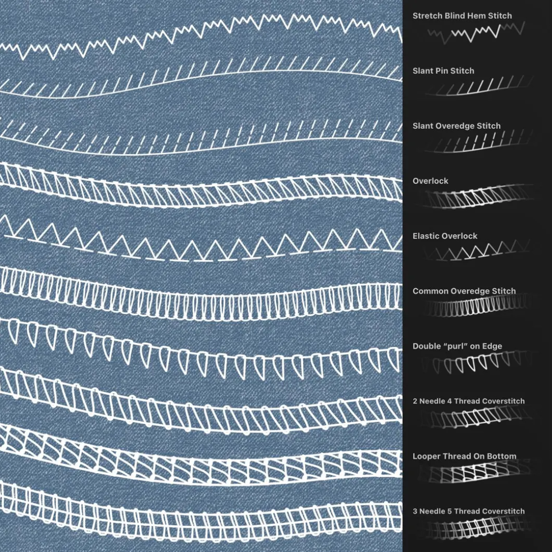 50 Sewing Stitches Brushes for Procreate, Single & Double Needle, Coverstitch, Overlock, & More