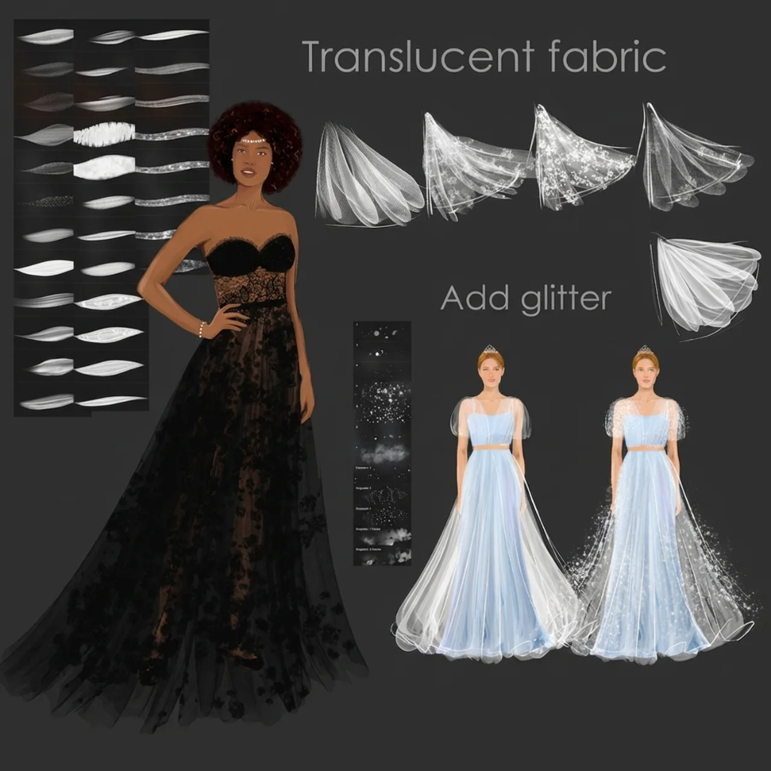Fashion Procreate Brushes, Dresses, Ruffles, Lace, Fabrics
